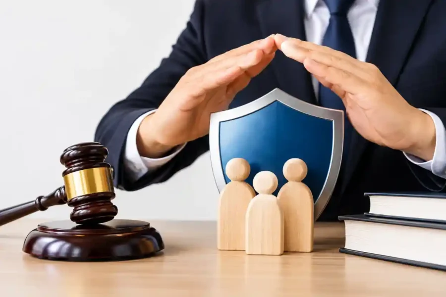 seguro de responsabilidade civil profissional com escudo de proteção, profissionais e martelo jurídico