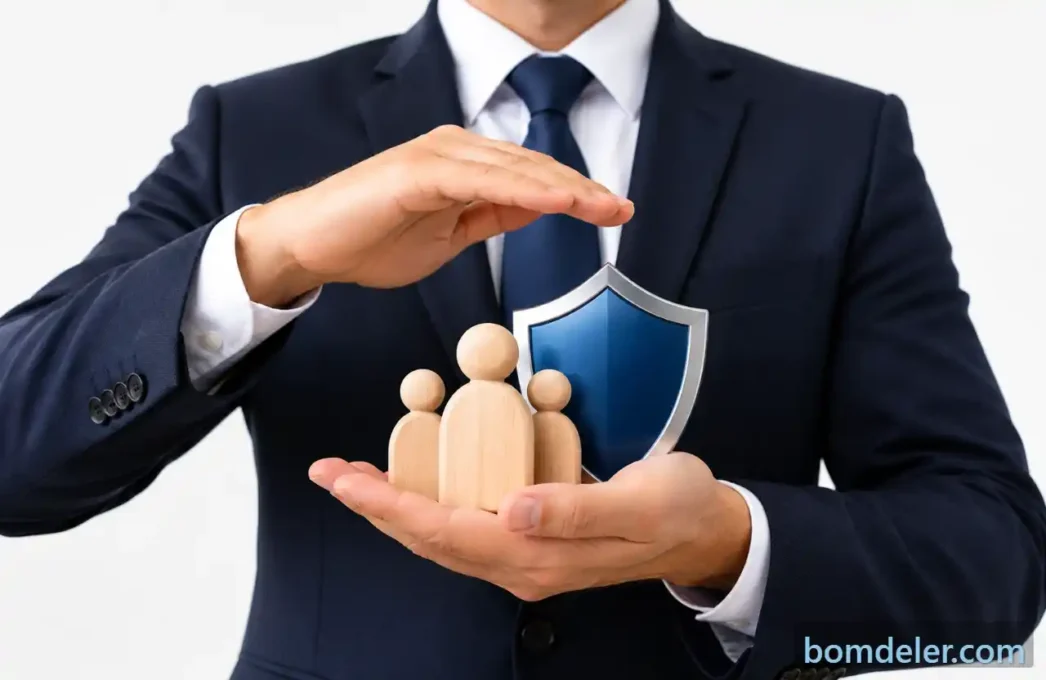 seguro de responsabilidade civil profissional com empresário protegendo pessoas e escudo