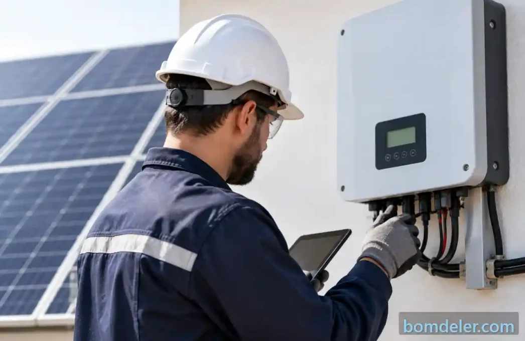 Seguro para energia solar com técnico realizando assistência no sistema fotovoltaico