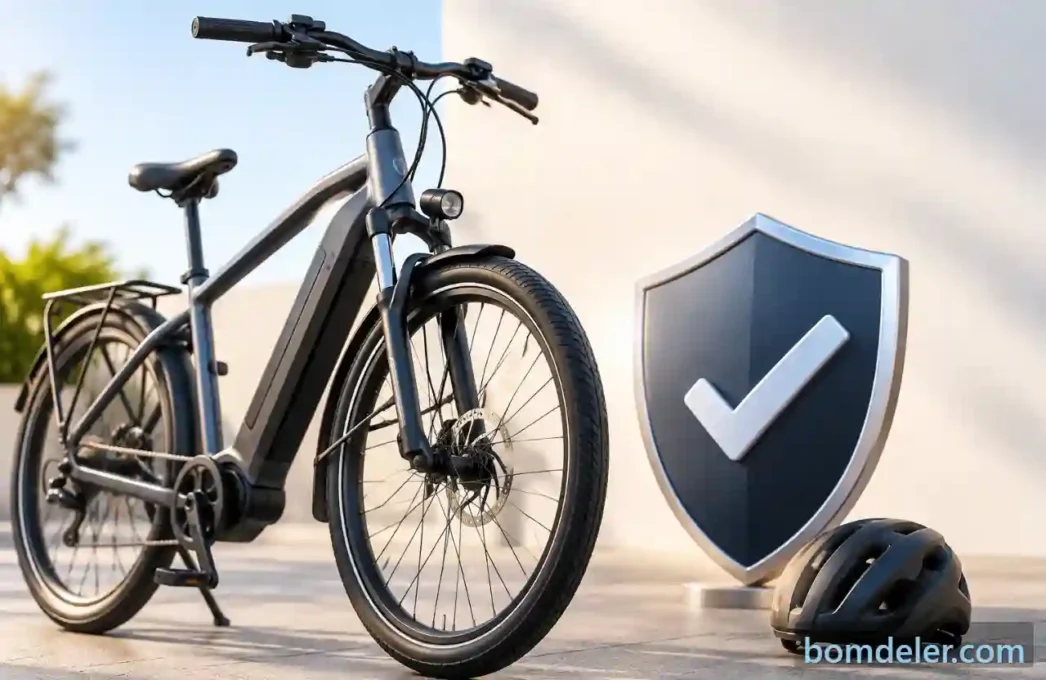 Seguro para bicicleta elétrica com e-bike, capacete e escudo representando as principais coberturas.