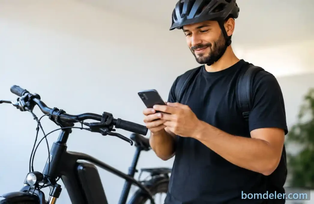 Seguro para bicicleta elétrica com ciclista consultando proteção pelo celular.