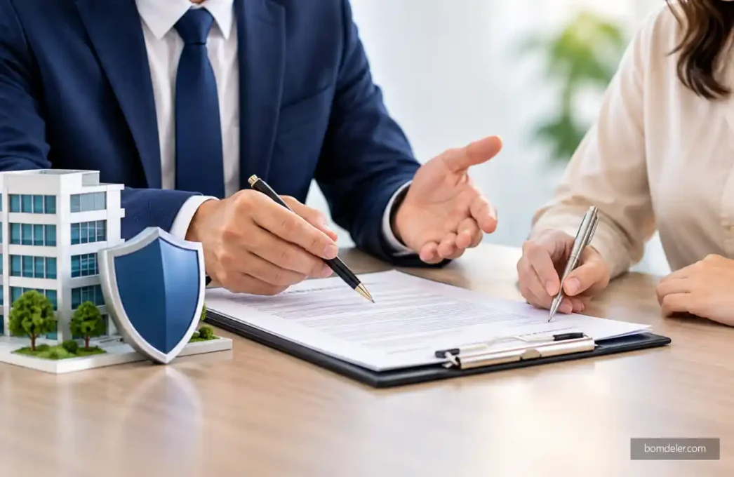 Seguro de responsabilidade civil geral com corretor orientando cliente na análise de contrato, ao lado de prédio comercial e escudo de proteção.