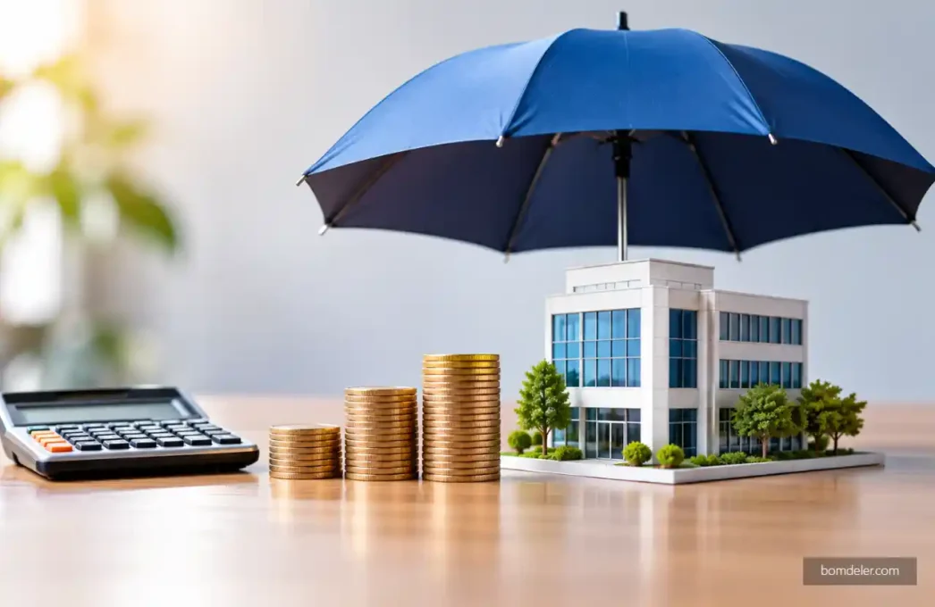 Seguro de responsabilidade civil geral em 2026, com calculadora, pilhas de moedas e prédio comercial protegido por um guarda-chuva azul.