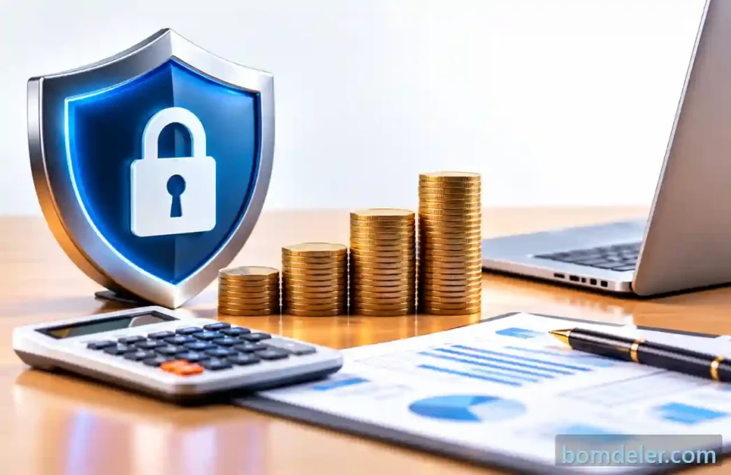 Seguro cyber para empresas com escudo de proteção, moedas e calculadora