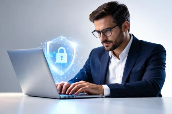 Seguro cyber para empresas com profissional utilizando notebook