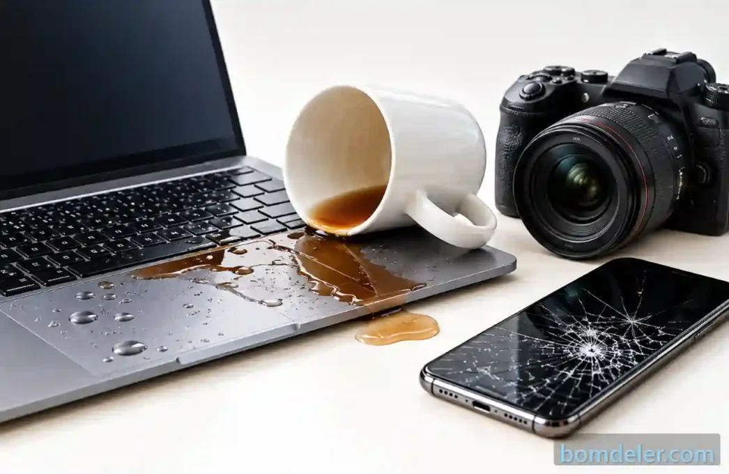 Seguro de equipamentos com notebook danificado por líquido, celular com tela quebrada e câmera fotográfica.