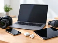 Seguro de equipamentos com notebook, câmera, celular, tablet e fones sobre uma mesa.