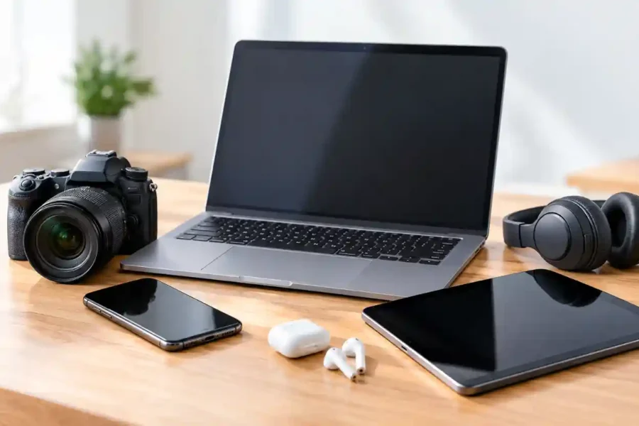 Seguro de equipamentos com notebook, câmera, celular, tablet e fones sobre uma mesa.