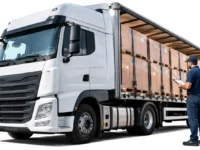 Seguro de transporte de cargas com caminhão carregado e profissional conferindo mercadorias.