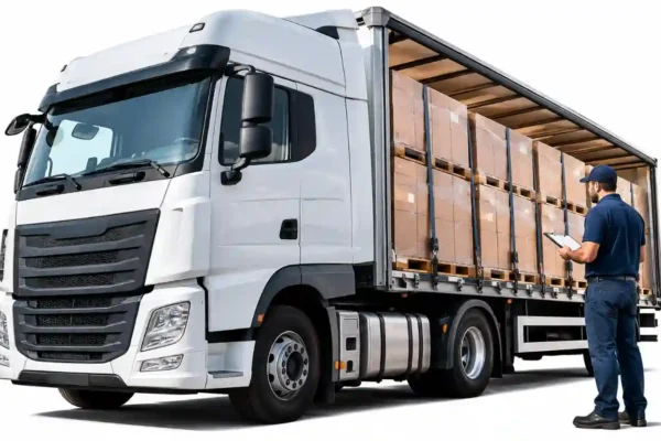 Seguro de transporte de cargas com caminhão carregado e profissional conferindo mercadorias.
