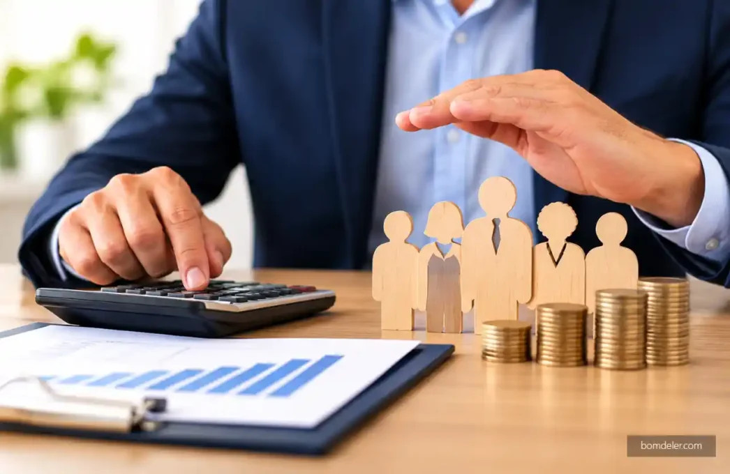 Seguro de vida em grupo com empresário calculando custos para proteger funcionários.