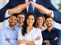 Seguro de vida em grupo com equipe de funcionários protegida em ambiente empresarial.