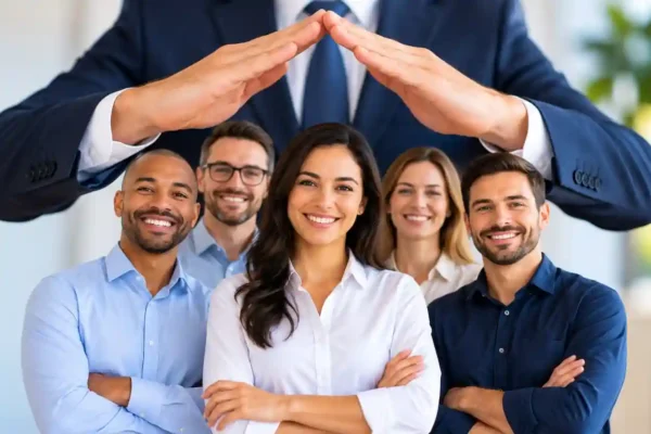 Seguro de vida em grupo com equipe de funcionários protegida em ambiente empresarial.
