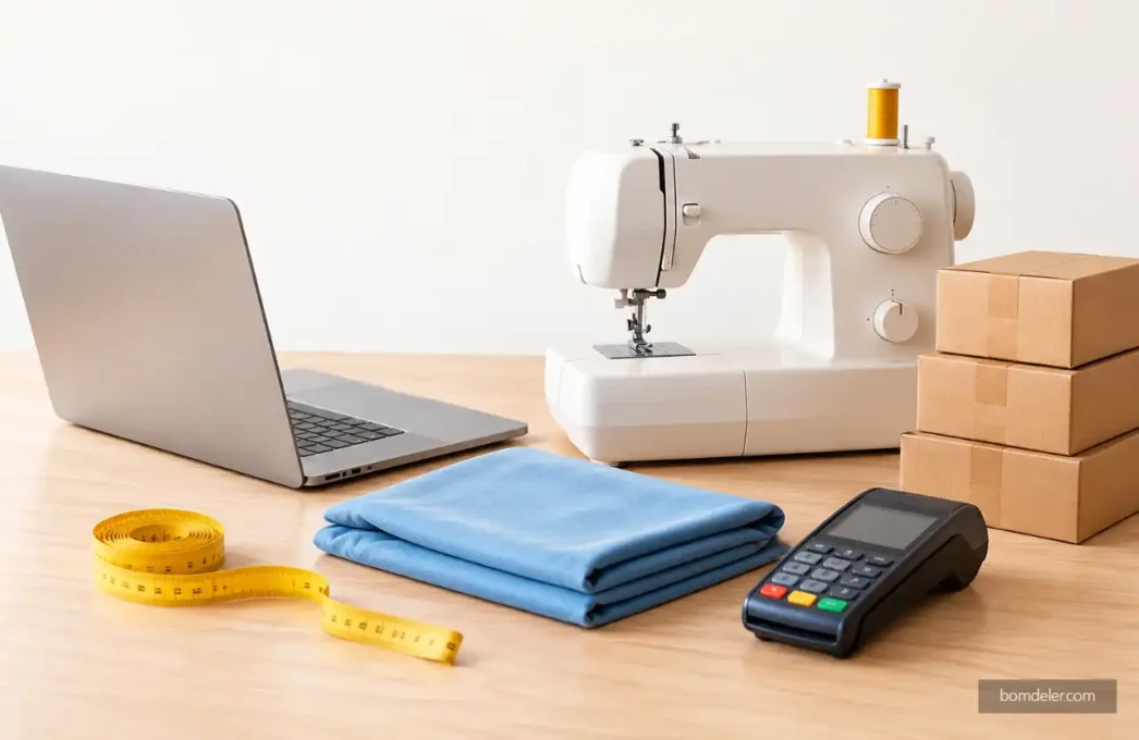 Seguro empresarial para MEI com notebook, máquina de costura e caixas de mercadorias sobre uma bancada.