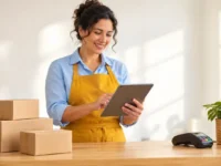 Seguro empresarial para MEI com empreendedora usando tablet ao lado de caixas de mercadorias.