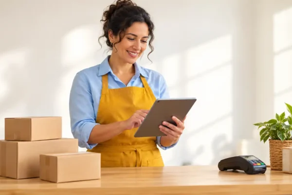 Seguro empresarial para MEI com empreendedora usando tablet ao lado de caixas de mercadorias.