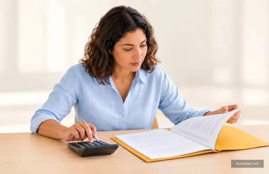 Seguro empresarial para MEI com empreendedora analisando documentos e usando calculadora.