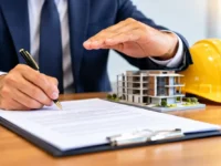 Seguro garantia contratual com homem de terno assinando documento ao lado de maquete de edifício e capacete amarelo de construção.