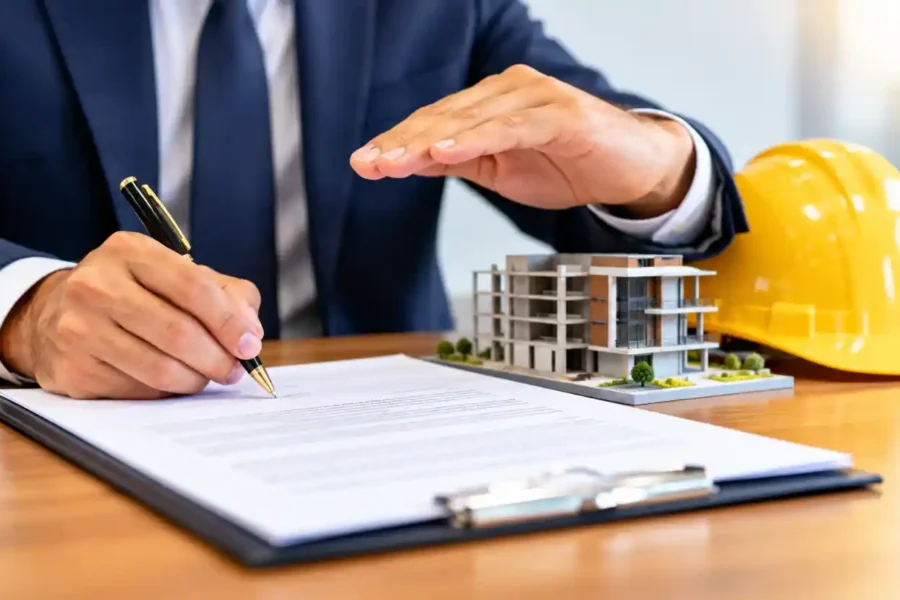 Seguro garantia contratual com homem de terno assinando documento ao lado de maquete de edifício e capacete amarelo de construção.