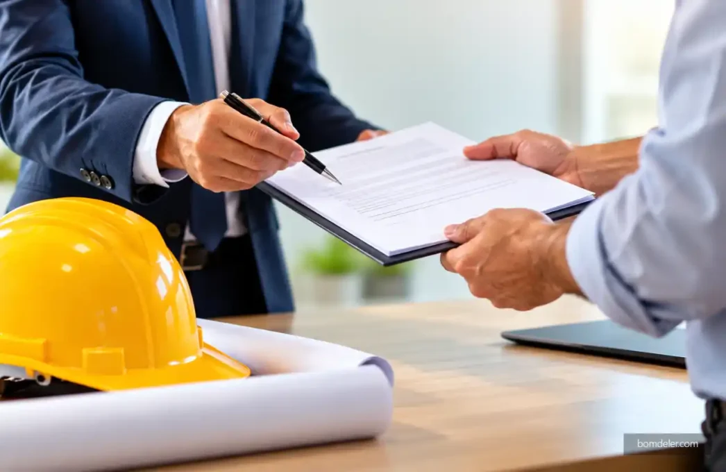 Seguro garantia contratual com dois profissionais analisando documento ao lado de capacete amarelo e plantas de construção.