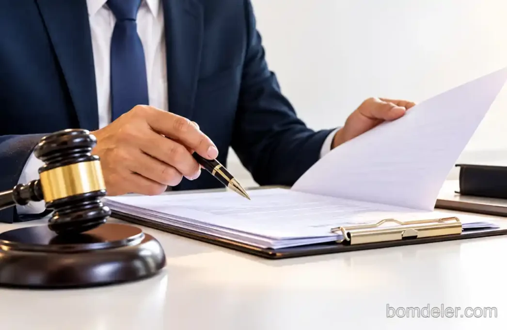 Seguro garantia judicial com homem analisando documentos, martelo de juiz e caneta sobre a mesa
