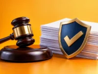 Seguro garantia judicial com martelo, documentos e escudo de proteção