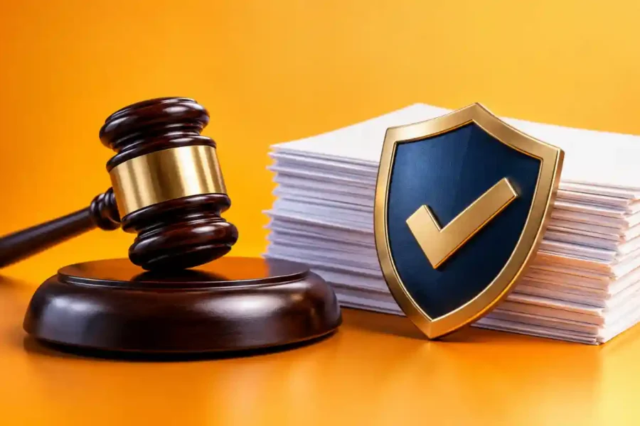 Seguro garantia judicial com martelo, documentos e escudo de proteção