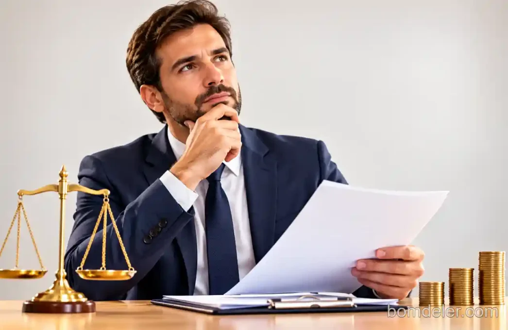 Seguro garantia judicial com homem analisando documentos, balança da justiça e moedas
